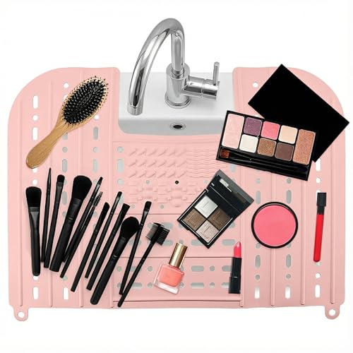Oahtzy Sink Foldable Cover Bathroom Sink Top Cover Space Saver Silicone Makeup Organizer Mat for Over Countertop Bathroom Accessories (Pink)