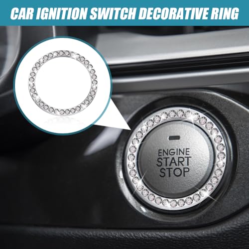 Image of 2 Pcs Crystal Rhinestone Car Engine Start Stop Decoration Ring, Push to Start Button Cover, Bling Car Accessories for Women, Key Lgnition Starter Knob Ring (White)