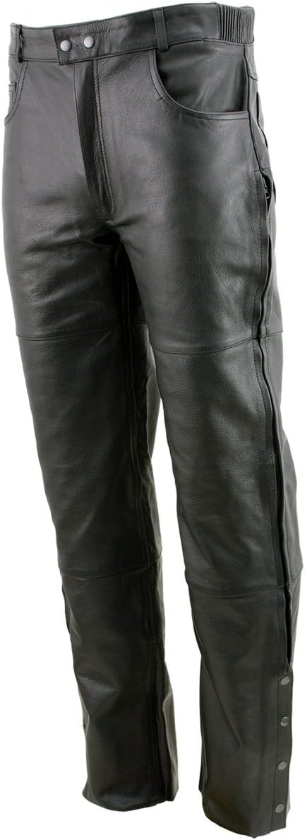 Xelement B7470 Men's Black Premium Leather Motorcycle Over Pants with Side Zipper and Snaps - 34