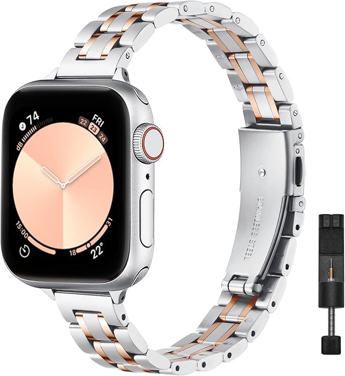 Image of STIROLL Thin Replacement Band Compatible for Apple Watch 38mm 40mm 41mm 42mm(Series 11 10), Stainless Steel Metal Wristband Women Men for iWatch Ultra SE Series 9 8 7 6 5 4 3 2 1, Silver Rose Gold
