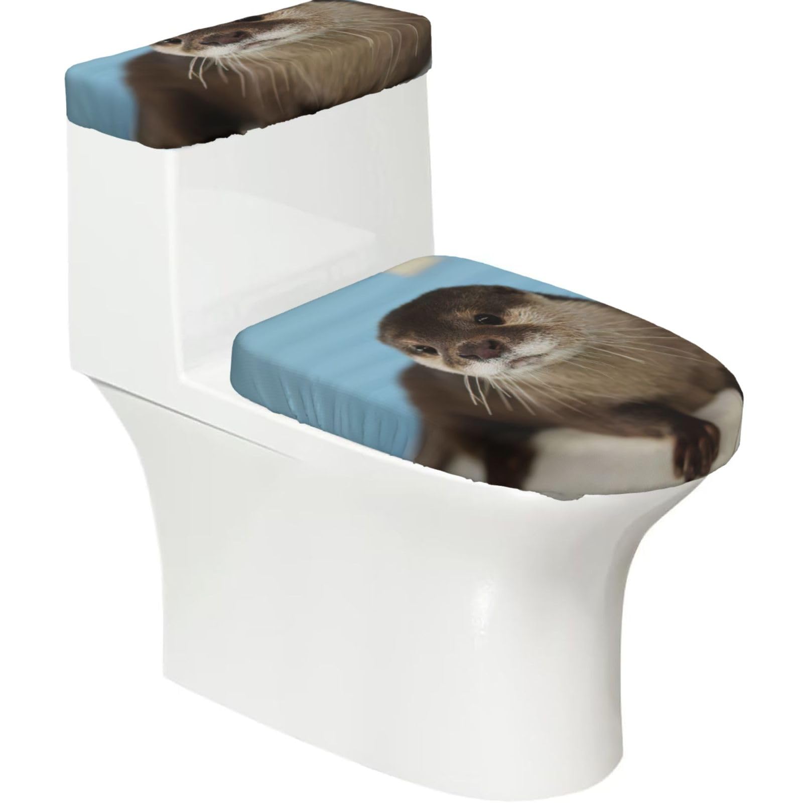 Cute Otter Print 2-Piece Stretch Toilet Cover Set, Elastic Breathable Toilet Seat and Tank Lid Protector