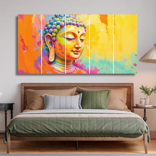 Image of Gautam Buddha MDF Wall Painting with Sparkle Laminated | Big Size Lord Buddha 5 Piece Wall Painting for Living Room Big Size | Wall Decor Items for Home, Office & Bedroom