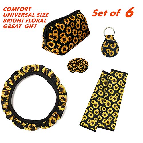 judysen Sunflower Steering Wheel Cover Set,Safe Non Slip Neoprene Material Stretch-on Fabric Steering Wheel Cover Car Accessories for Women Universal Fit