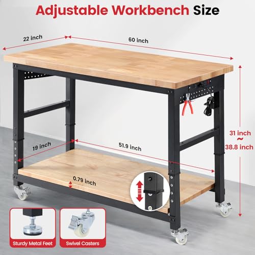 ENJOYWOOD Work Bench for Garage Adjustable Workbenches with Storage 60 Inch Garage Workbench with Under Table Shelf, Pegboard, Power Outlets for Woodworking, Home, Office, Workshop - Image 8