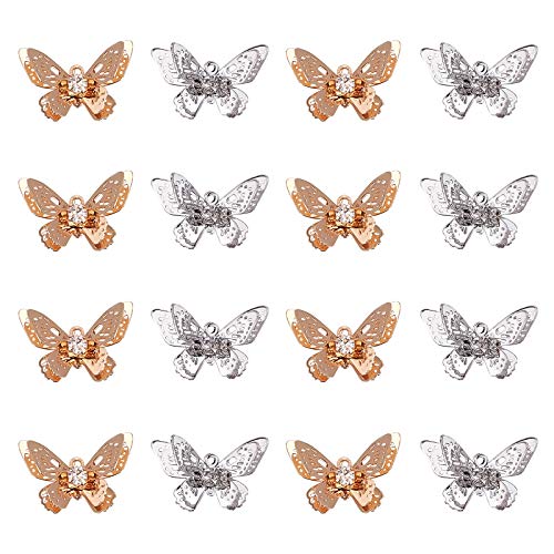 CHGCRAFT-20Pcs-2-Colors-Filigree-Butterfly-Charms-Pendants-with-Crystal-Rhinestone-Brass-3D-Butterfly-Beads-Charms-for-DIY-Earring-Bracelet-Necklace-Jewelry-Findings-Pendant-12x20x47mm-Platinum-and-Go