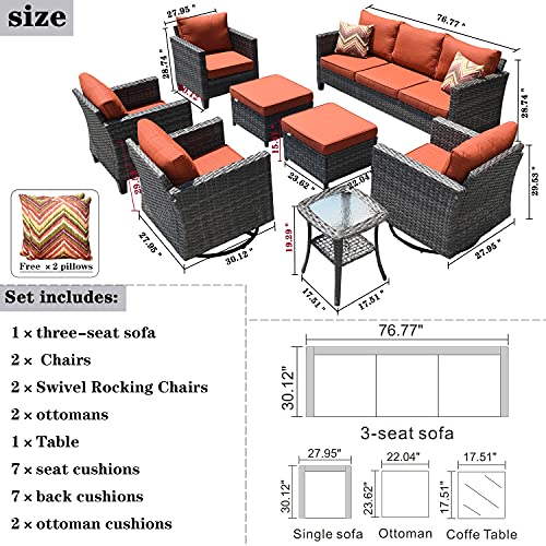 Ovios Patio Furniture Set 8 Pcs Outdoor Wicker Rocking Swivel Chairs Sectional Sofa Set With Single Chairs High Back Rattan Sofa For Yard Garden Porch (Orange Red) #TOP4