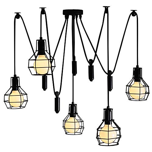 Up To 50% OFF BAYCHEER HL371339 Industrial 5 Lights Chandelier Pulley Cage Shade LED Pendant Lighting Hanging Lamp Ceiling Lights Lantern Style with Cage Frame for Indoor Bar Warehouse Hallway in Black