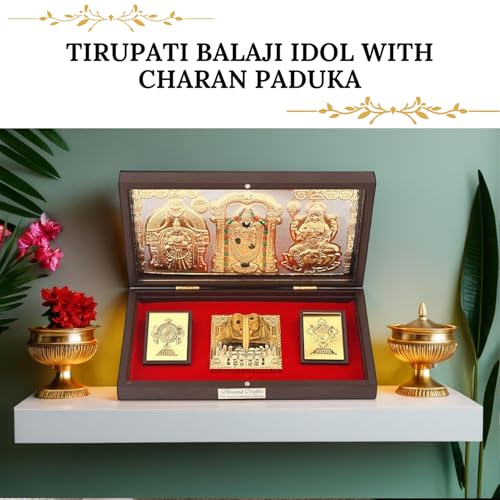 Image of Tirupati Balaji Idol with Charan Paduka | Tirupati Balaji Photo with Frame | Charan Paduka Box for Pooja, Weeding Gifts & House Warming | Gold Plated | Diwali Gifts
