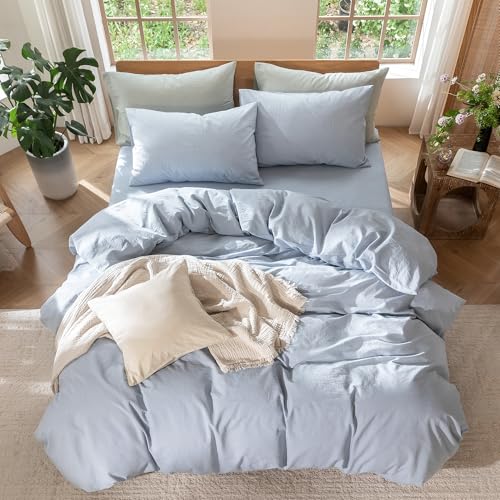Image of MooMee Duvet Cover Set 100% Washed Cotton Linen Like Alaska King | Relaxed Linen-like Texture. Soft, Breathable & Long-lasting Comfort. Lightweight. Hidden Zipper with 8 Interior Corner Ties