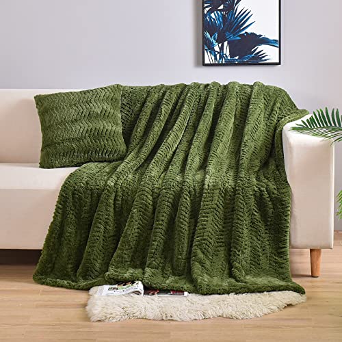 YUSOKI Luxury Faux Fur Throw Blanket(Without Pillows) 2 Layers,3lb,All Ages,Home Decoration, (Olive Green,50" x 63") Olive Green Throw50"x63"(without pillows)