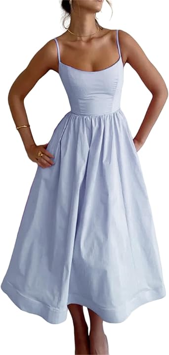 Sundress for Women Sexy U Neck Backless Tunic Maxi Dress Casual Flowy Sleeveless Spaghetti Strap Pleated Dresses