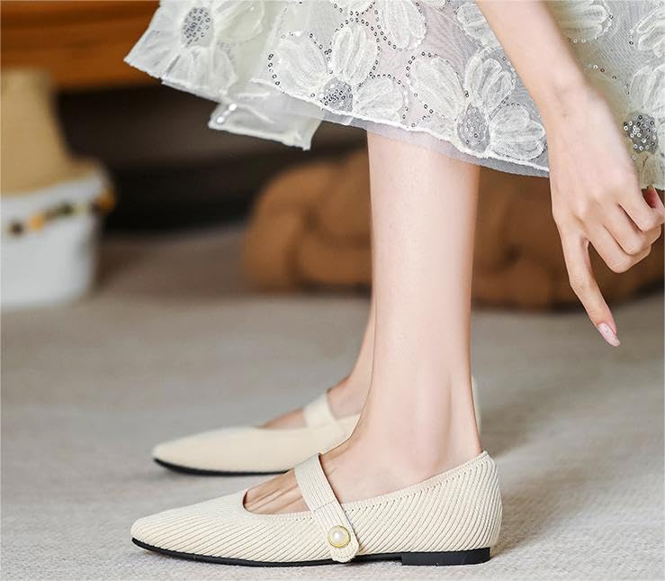 Knit Flats For Women Mary Jane Flats Square Toe Flats Casual Ballet Flats With Ankle Strap,Mary Jane Shoes Womens Comfortable For Dressy Office3