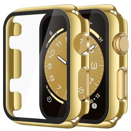 Image of Misxi Case with Screen Protector for 38mm Apple Watch Series 3 /2 | 2-Pack Cover with Tempered Glass for 3 /2, Scratch Resistant Sensitive Touch, 1 Gold + 1 Transparent