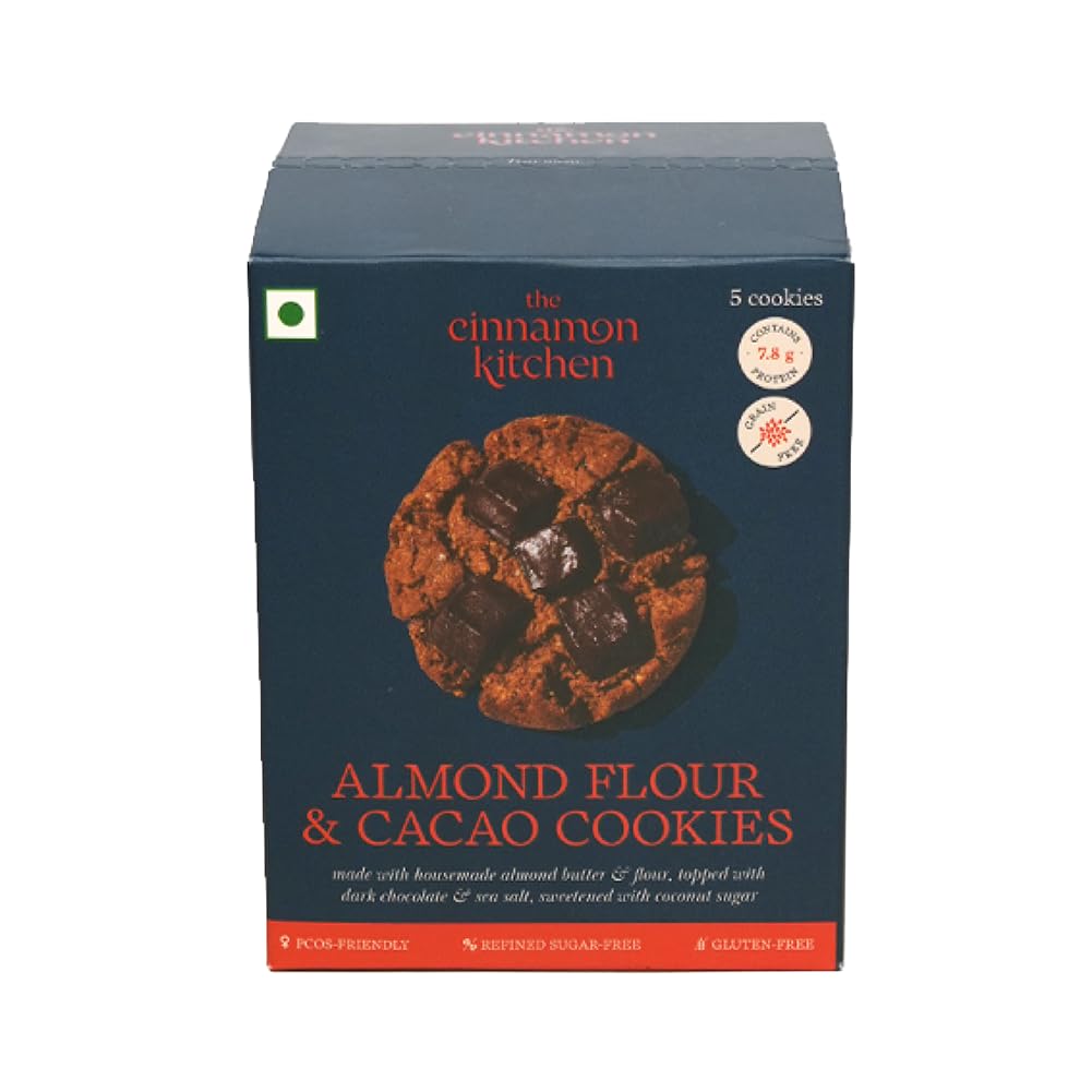 Almond Flour & Cacao Cookies (Pack of 5) | As Seen On Shark Tank |100% Natural & Healthy | Gluten Free | 100% Organic | PCOS Friendly |Refined Sugar Free|ChocoChip Cookie| 175 g
