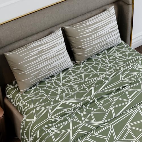 Image of Stoa Paris 100% Cotton Super King Bedsheet with 2 Pillow Covers for King & Double Beds,180TC Printed Bedding Set, Breathable, All-Season Comfort, Lightweight, Urbanscape - Sage Spectrum (274cmx274cm)