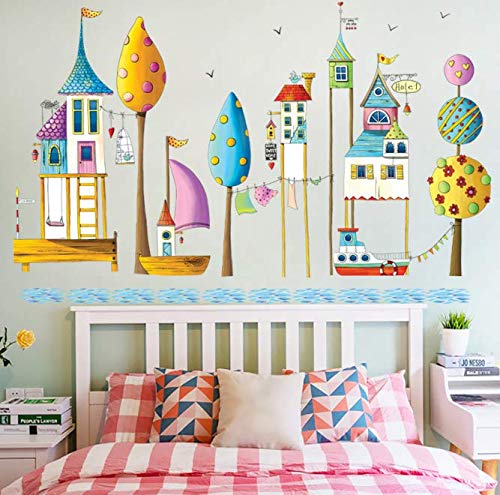 Cute Children's Paradise Water Building Etiqueta de la pared Ciudad europea Barco de vapor Velero Wallpaper Decoración de la habitación de los niños Stave Decal Pvc 130 * 80Cm