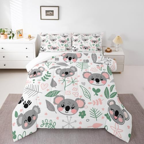 Image of Feelyou Koala Comforter Set - King Size, Cute Koala Cartoon Duvet Set for Kids & Toddlers, Lightweight Botanical Plant Quilt Set