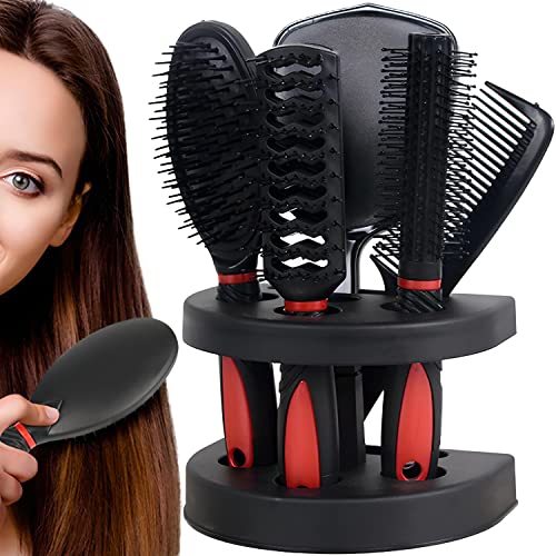 Retoo Juego de 5 cepillos para el cabello con espejo, cepillo de pelo sin tirones para mujeres, hombres y niños, cepillo desenredante adecuado para rizos, pelo corto y largo, cepillo de masaje suave