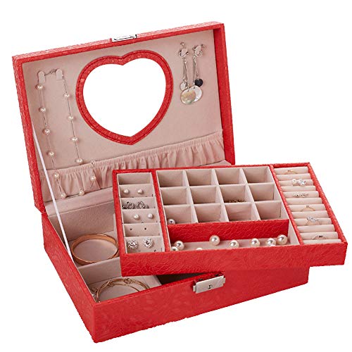 Preisvergleich Produktbild MINGZE Schmuckkästchen - verschließbare Schmuckschatulle, Schmuckkasten mit 2 Ebenen, Schmuckkoffer mit Spiegel, Schmuckkiste für Uhren, Ringe und Ketten (Rot)