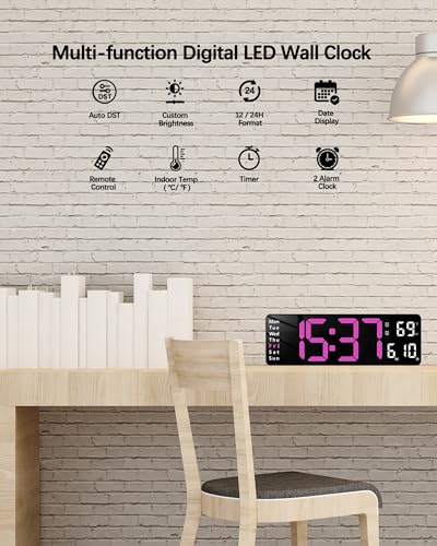 Image of JoFomp Digital Wall Clock - 13 inch Large LED Display, Loud Alarm, Remote Control, DST, Auto-Dimming, Date and Day, Timer, Temperature - 12 /24H Format - Ideal for Living Room, Bedroom (Pink)