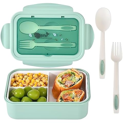 UPTRUST Bento Lunch container For Kids, Bento adult box With 3 Compartment. Leak-proof, Microwave safe, Dishwasher Safe, Freezer Safe,Meal Fruit Snack Packing Box(Spoon&Fork included) (Green) Cover