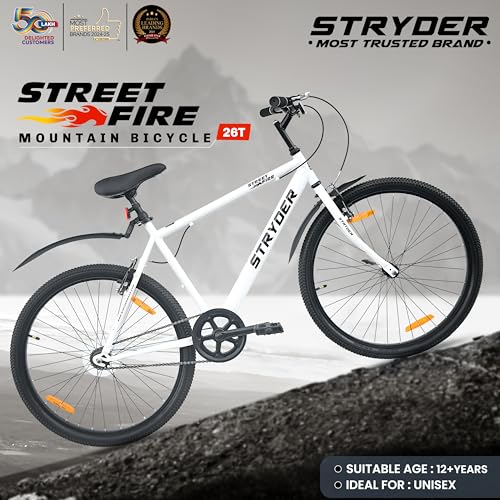 Image of Stryder 26T Street Fire SS (Single Speed) Mountain Cycle - V Brakes| Rigid Suspension| Durable Frame| Adjustable Seat for Ages 12+ (Unisex) (White)