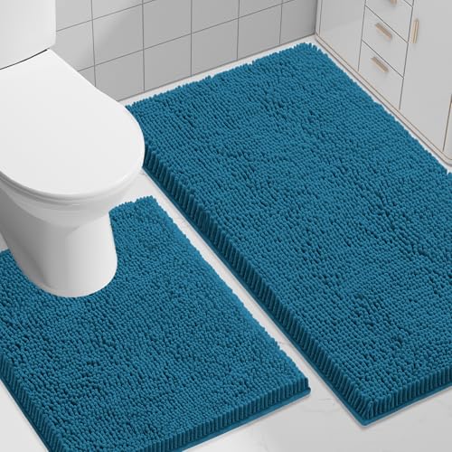 Image of Smiry Bathroom Rugs Set 2 Piece, Soft Absorbent Chenille Bath Mat and U-Shaped Toilet Rug Set, Non Slip Shaggy Bath Carpet for Tub, Shower and Floor (30x20+24x20, Peacock Blue)