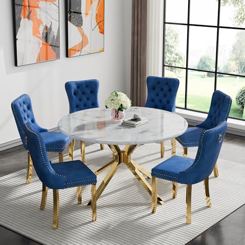 Image of 7-Piece Round Dining Table Set for 6, Luxury Faux Marble Kitchen Table Set for 6 with Blue Velvet Chairs, 45 inch Circle Dining Room Tables with White Marble Top and Gold Stainless Steel Cross Legs