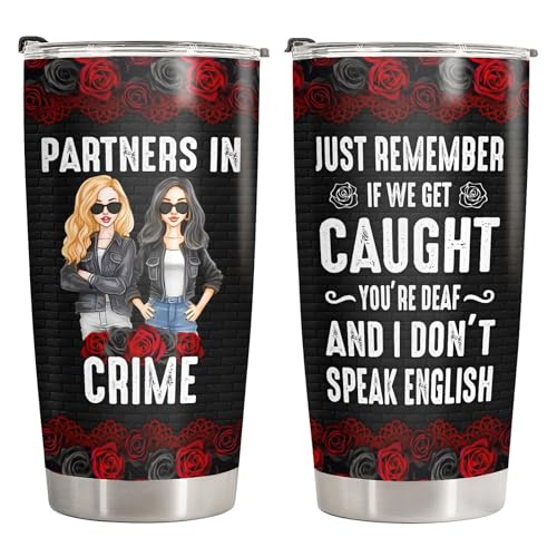 34HD Partners in Crime Tumbler 20oz with Lid, BFF Bestie Insulated Travel Coffee Mug, Crimes Joke Birthday Gift for Friends, Friendship and Besties