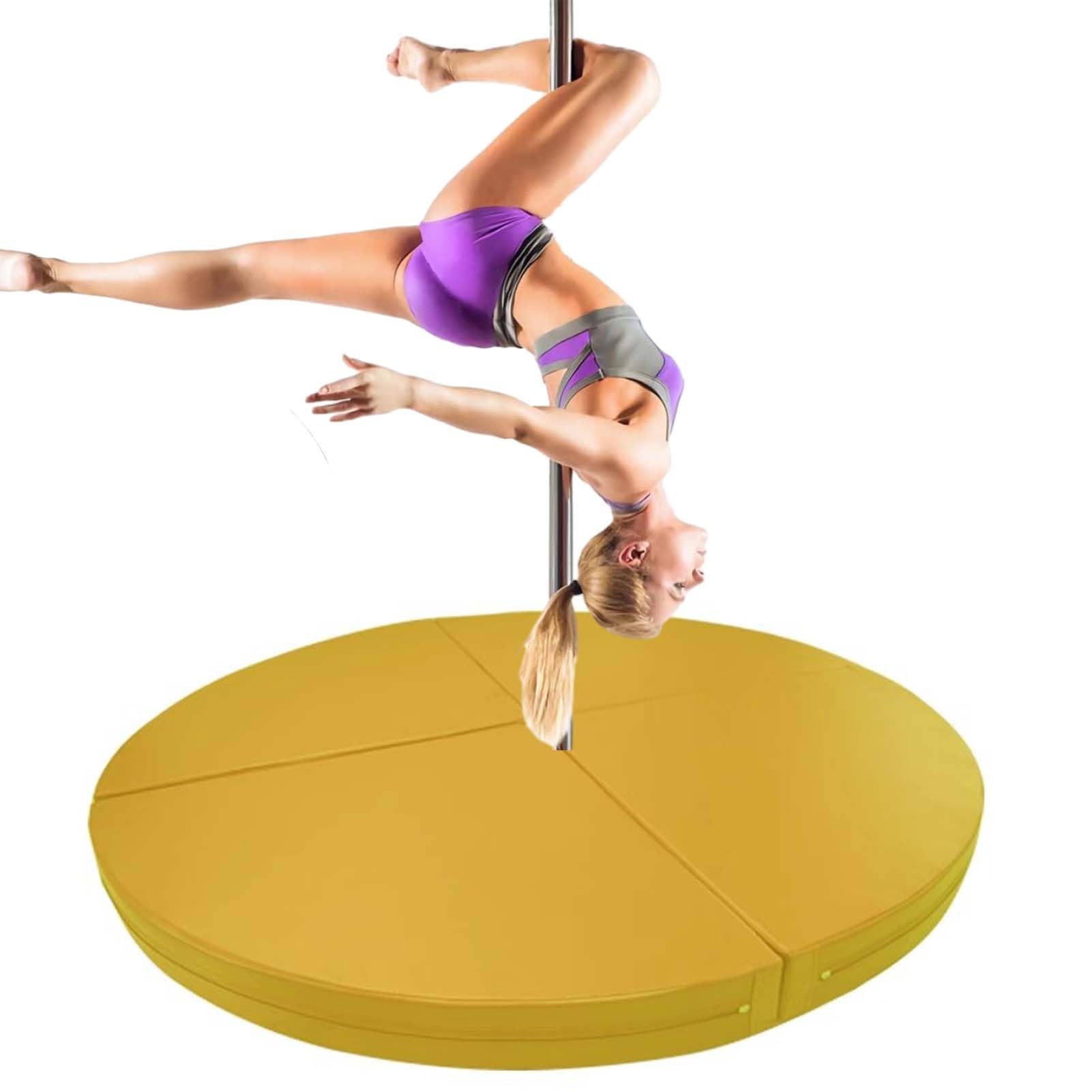 WJFTODAY Round Folding Crash Mat for Pole Dancing, 1"-4" Thick Foam Gymnastics Safety Pad, Non-Slip PU Leather for Fitness & Aerial Yoga, Yellow, 160cm x 3cm (63" x 1.2")