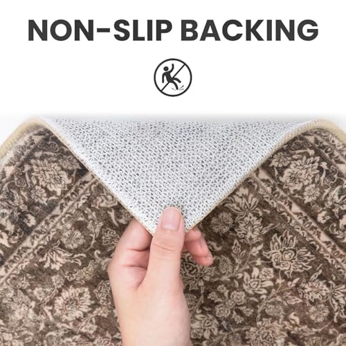 2x5 Washable Rug Rust Small Area Rug for Entryway, Soft Non-Slip Indoor Door Mat Distressed Floral Low-Pile Kitchen Rugs, Neutral Vintage Carpet for Entrance Kitchen Bedside Farmhouse