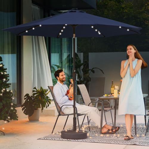 Image of JEAREY 9FT Outdoor Patio Umbrella with Solar Lights, LED Lighted Pool Umbrella with Tilt and Crank, Outdoor Table Umbrellas for Deck, Yard & Market (Navy Blue)