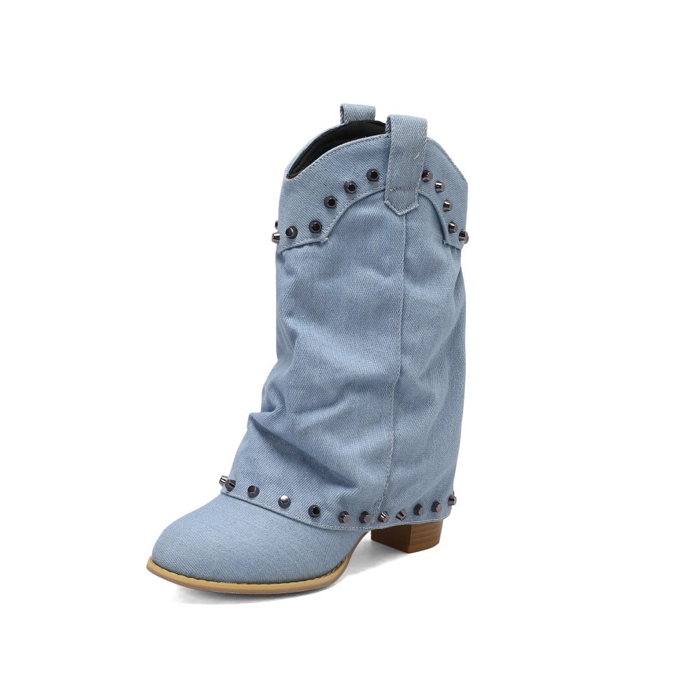 UniqueStride Womens Denim Fold Over Mid Calf Cowboy Boots Western Round Toe Chunky Heel Cowgirl Pull On Studded