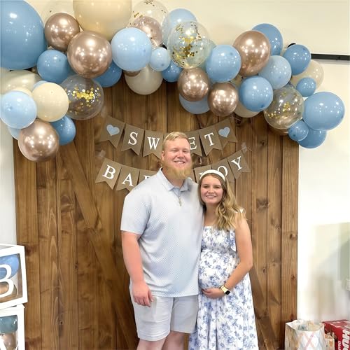 Image of Dusty Blue Balloon Set, 60Pcs 12 Inch Slate Muted Baby Blue Fog Pastel Light Blue White Sand Balloon with Metallic Confetti Champagne Gold Balloons for Boy Birthday Party Baby Bridal Shower Decortaion