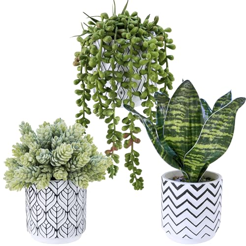 Winlyn Set of 3 Artificial Potted Succulent Plants Faux Snake Plant Hops String of Pearls in Black White Geometric Planter Small Fake Desk Plants for Kitchen Bathroom Shelf Desk Table Windowsill Decor