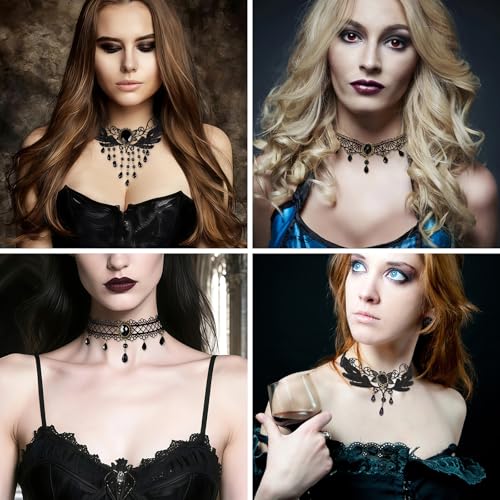 4PCS Gothic Halskette Set, Schwarz Spitze Choker Damen, Vintage Lolita Kostüm Zubehör, Gotisch Choker Halsband, Schwarz Spitze Kette, Gothic Schmuck für Halloween Karneval Maskerade Cosplay Fasching