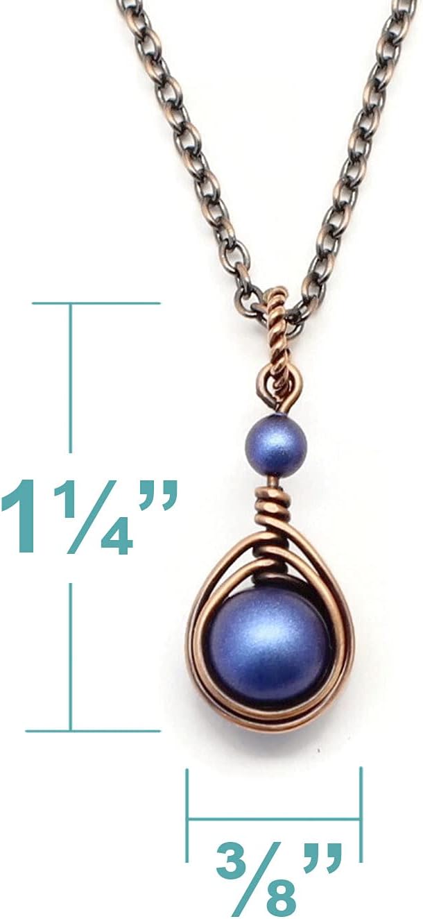 Pillar of Salt Studio Handcrafted Simulated Pearl Small 1" Pendant Copper Wire Wrapped Necklace (Iridescent Dark Blue, 18" Chain)
