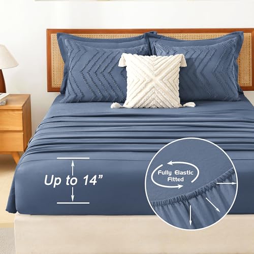 Image of Litanika Super King Plus Size Comforter Set with Sheets Ocean Blue - 7 Pieces Bed in a Bag Oversized King Boho Tufted Complete Bedding Sets with Comforter, Sheets, Pillowcases & Shams