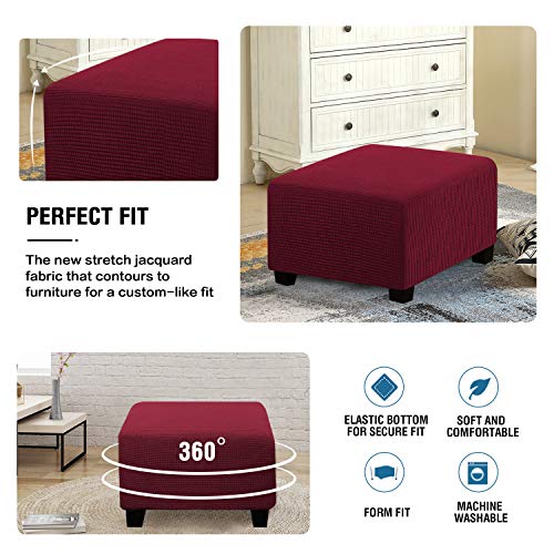 Image of H.VERSAILTEX Square Ottoman Covers Ottoman Slipcovers Folding Storage Stool Furniture Protector Form Fit with Elastic Bottom, Stretch High Spandex Small Checks Jacquard Fabric(Large,Burgundy Red)