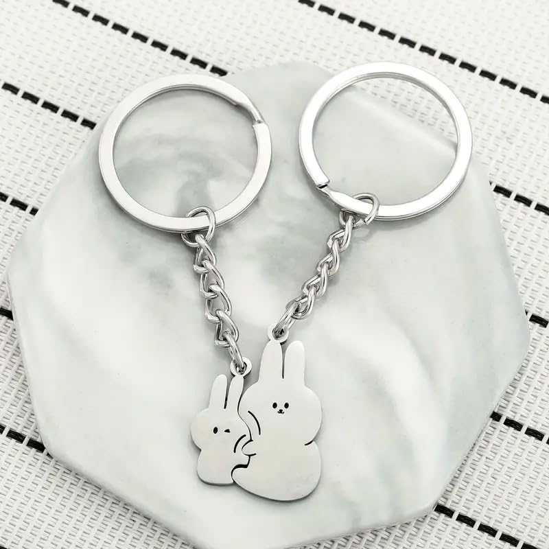 Image of 1pair Couple's Hugging Rabbit Shaped Stainless Steel Creative Cartoon Style Personality Keychain Car Pendant, Perfect Valentine's Day Or Chinese Valentine's Day Gift