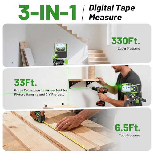 Image of Laser Measure Device 3-in-1, Huepar 330ft Laser Measurement Tool & 33ft Cross Laser Level & 6.5ft Tape Measure, Rechargeable, Voice Broadcast, Multi-Mode, Rugged for Construction & Home Use, SW-T100