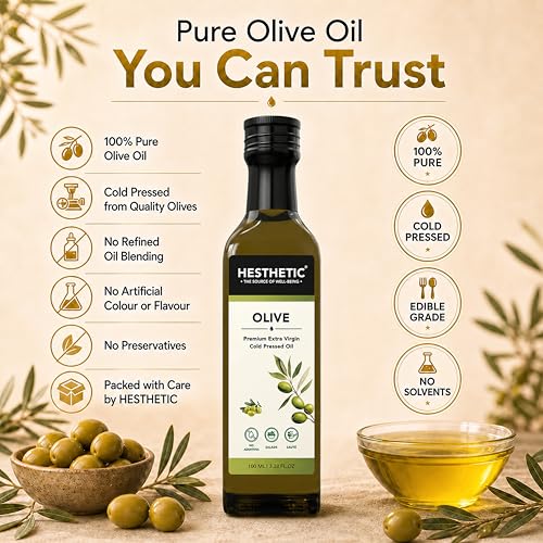 Image of HESTHETIC Premium Extra Virgin Olive Oil 100ml | Cold-Pressed Mediterranean-Sourced EVOO | Unrefined, Low-Acidity | Glass Bottle | Cooking, Salad & Finishing Oil