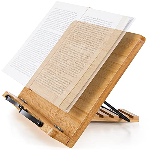 Pipishell Bamboo Book Stand, Large Cookbook Stands Reading Book Holder with 5 Adjustable Height, Foldable Wooden Cookbook Holder for Textbook, Receipe, Music Books, Tablet (13.4 x 9.5 in) - Thumbnail 2
