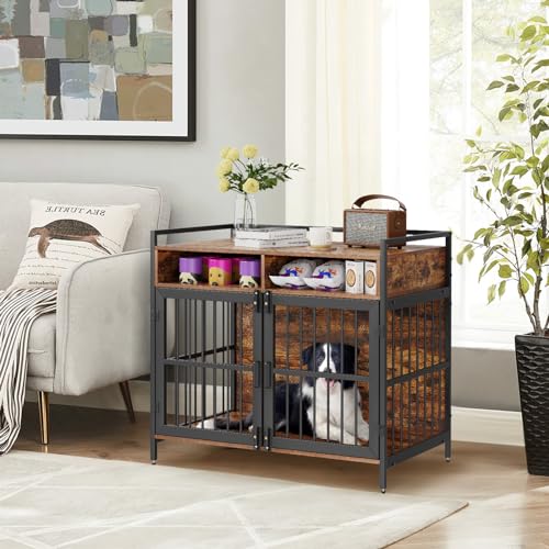 VEVOR-Furniture-Style-Dog-Crate-with-Storage-41-inch-Dog-Crate-Furniture-Large-Breed-with-Double-Doors-Wooden-Dog-Cage-for-LargeMedium-Dog-Indoor-Hold-up-to-70-lbs-Rustic-Brown