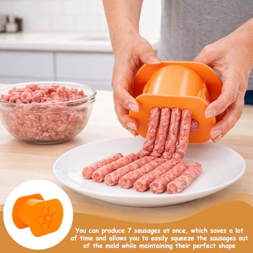 Cevapcici Presse,Hot-Dog-Presse – Manuelles Hot-Dog- Und Wurstform-Set,7-Loch-Hot-Dog-Form, Diy-Küchenutensil,Hot-Dog-Maschine Mit Fleischstreifenextruder (Orange)