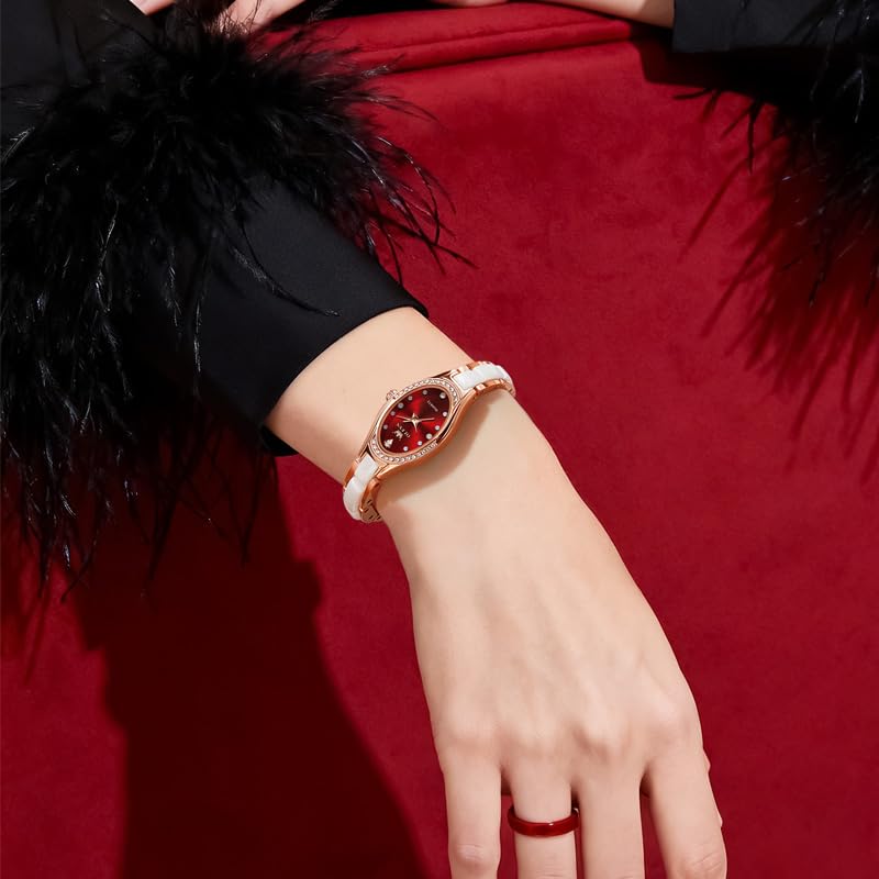 Image of OLEVS Women's Quartz Watches - Elegant Oval Diamond Dress Watch with Ceramic Band, 30M Waterproof Ladies Wrist Watch for Dress & Casual Wear (Rose Gold Blue /Red /Purple /White)