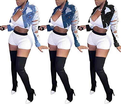 Voghtic Women Sexy Ripped Denim Jackets Lapel Button Down Short Crop Top Jeans Coat3
