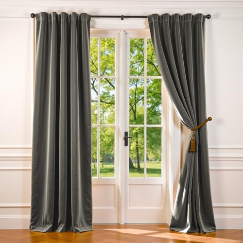Image of Grey Velvet Curtains Modern Luxury Rod Pocket 42x90 Inch 2 Panels | Soft Velvet, Room Darkening, For Bedroom & Living Space, Light Shifting Texture, Elegant Drape, Cozy