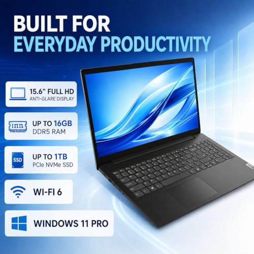 Image of Lenovo V15 Business Laptop, 15.6 inch FHD Anti-Glare Display, Intel N150 Quad-Core Processor, 8GB DDR5 RAM, 256GB PCIe SSD, Wi-Fi 6, RJ-45 Ethernet, HDMI, HD Webcam, Numeric Keypad, Windows 11 Pro