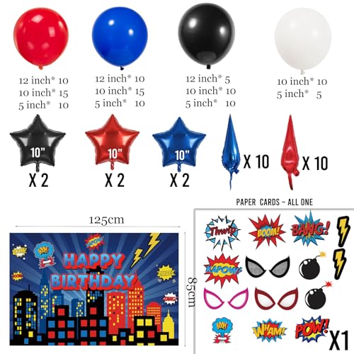 Image of Blue Red Black white Balloon Garland Arch Kit 140PCS with backdrop card stickers Large Starburst mylar balloons for Spider Theme boy birthday Party Man Superhero inspired decorations